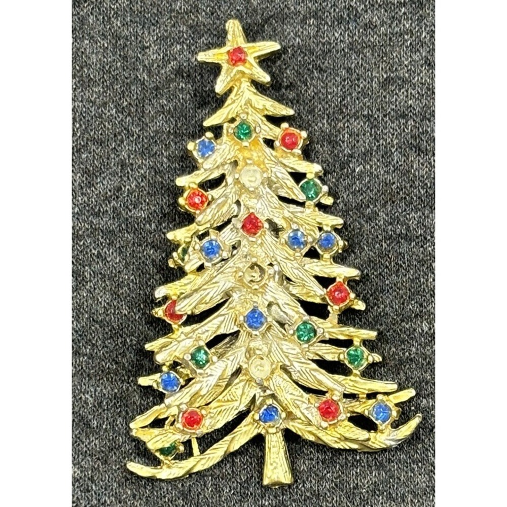 VTG Rhinestone‎ Golden Christmas Tree Brooch Lapel Pin As Is Missing 2 Stones